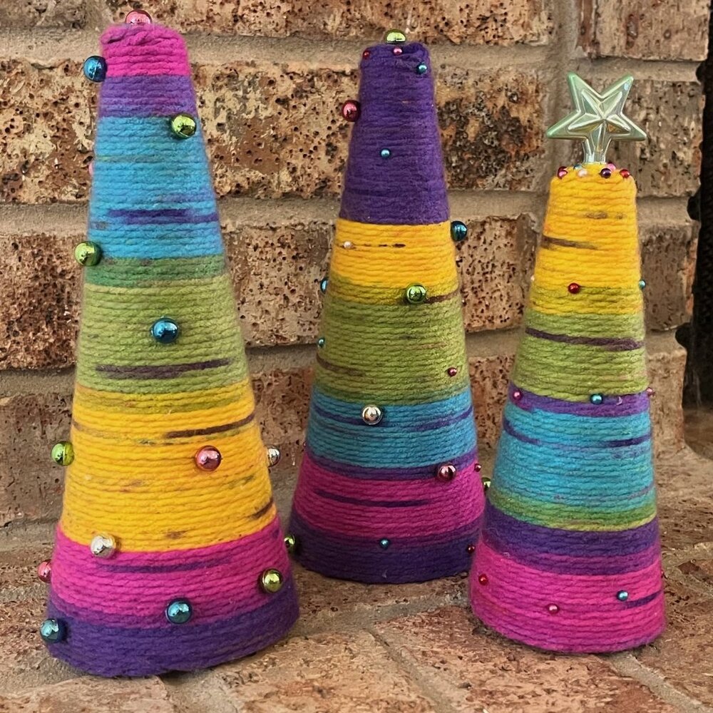 Set Of 3 Rainbow Multi Color Christmas Trees Cone Trees Yarn Rope Twine Trees